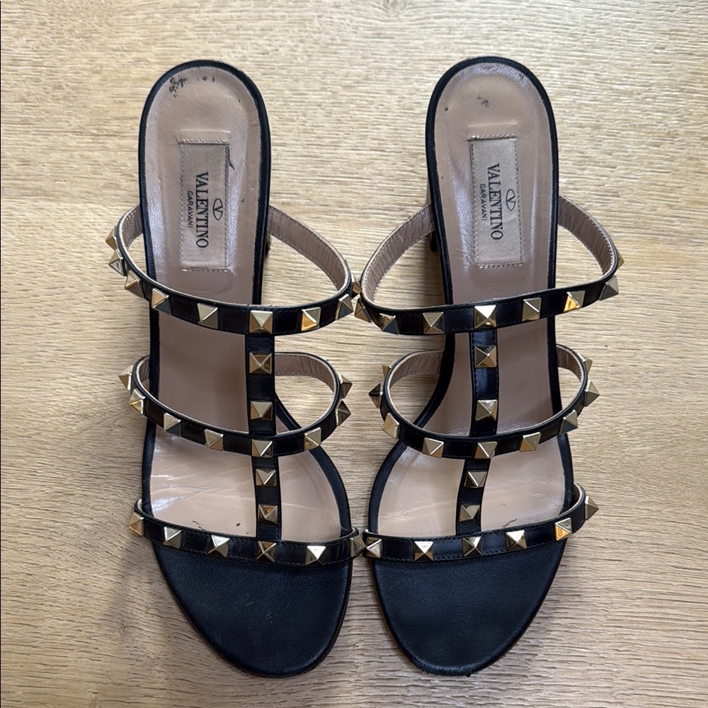 Valentino Black Rockstud Open Toe Caged Block Heel Mule Sandals